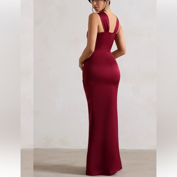 Club L London- Berry Satin Corset Wrap maxi dress - Picture 2 of 6